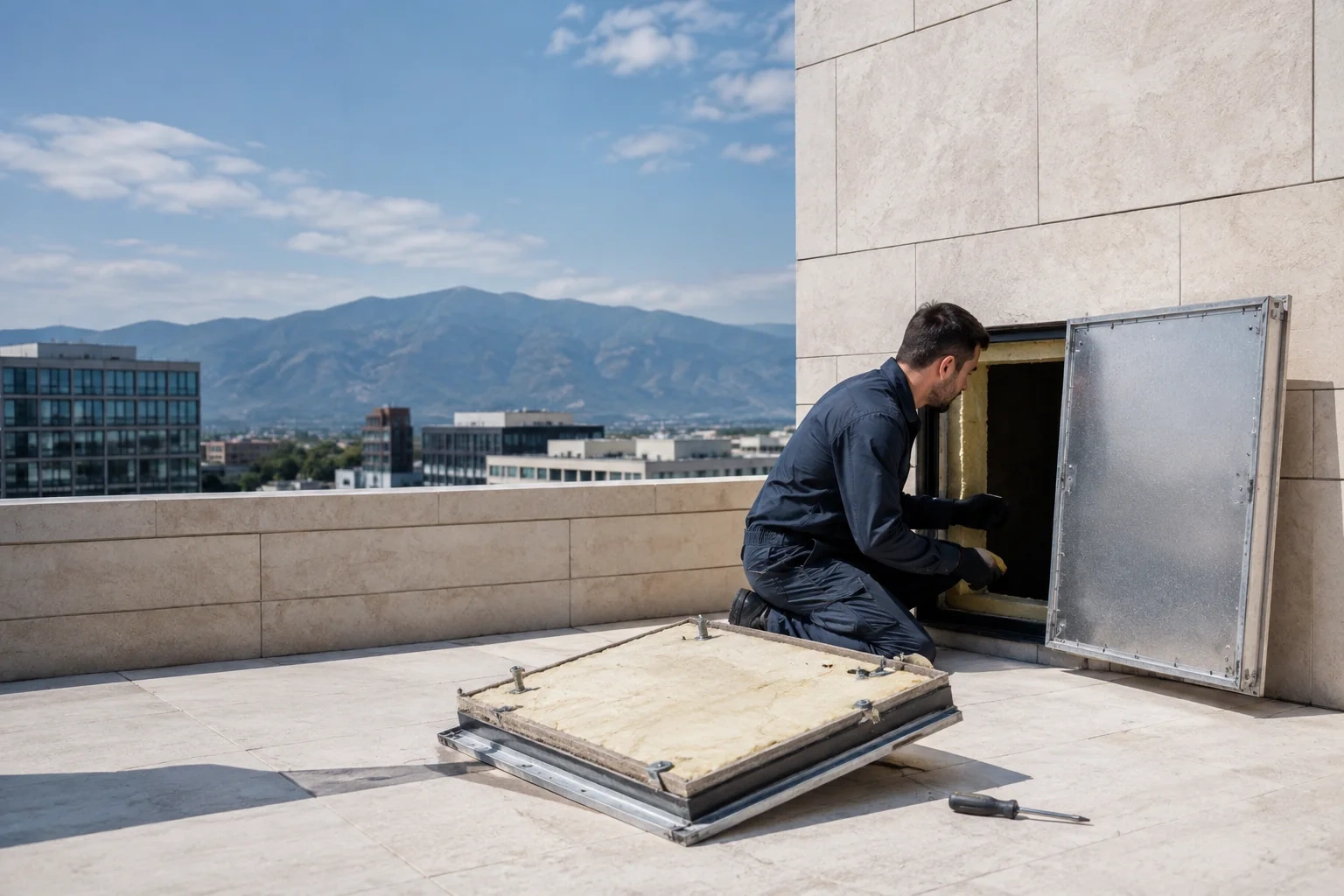 Person kneeling beside an open rooftop wall hatch, with a metal cover, an insulation-backed panel and a screwdriver nearby.