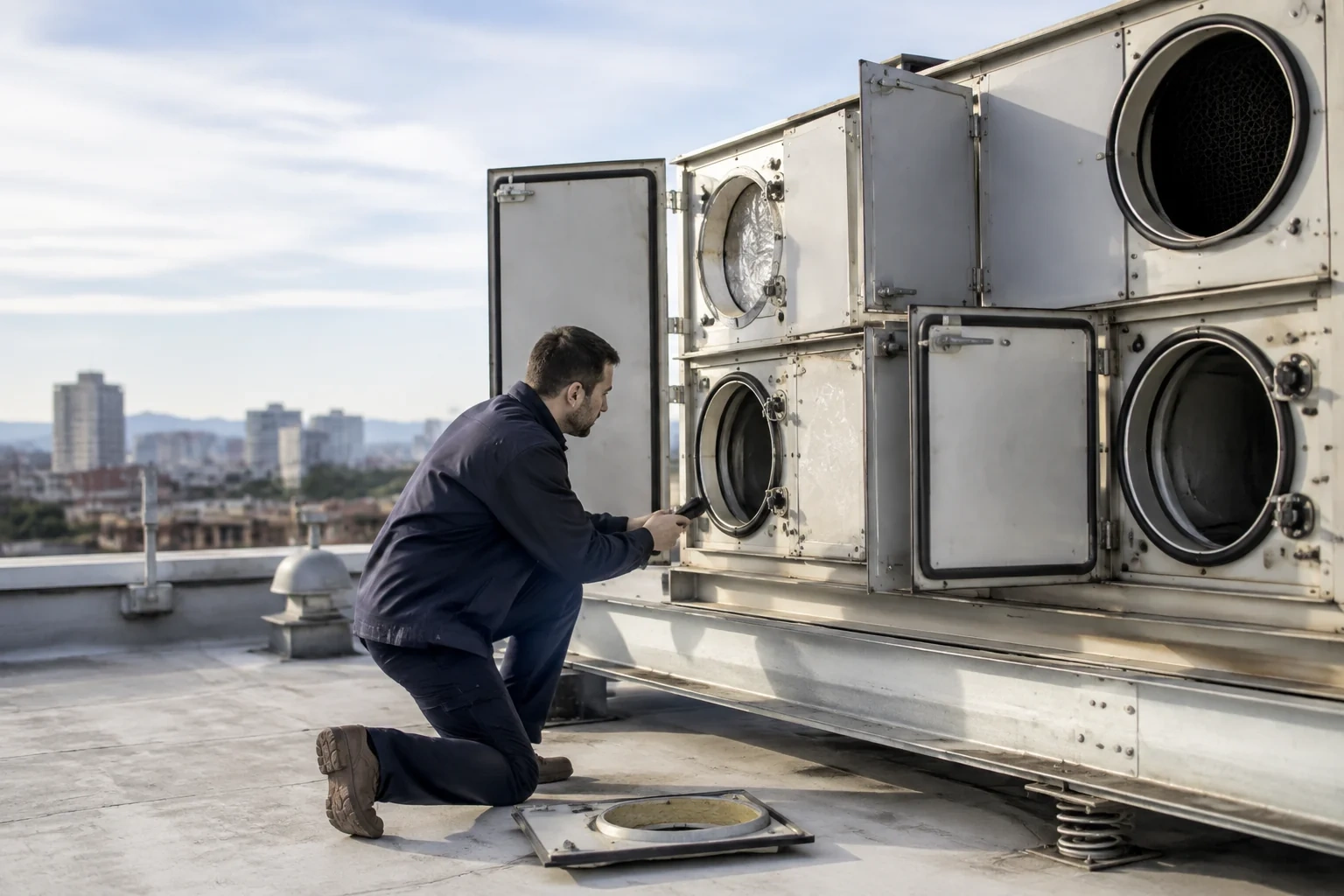 Person kneeling beside rooftop equipment with several open circular ports and hinged access panels.