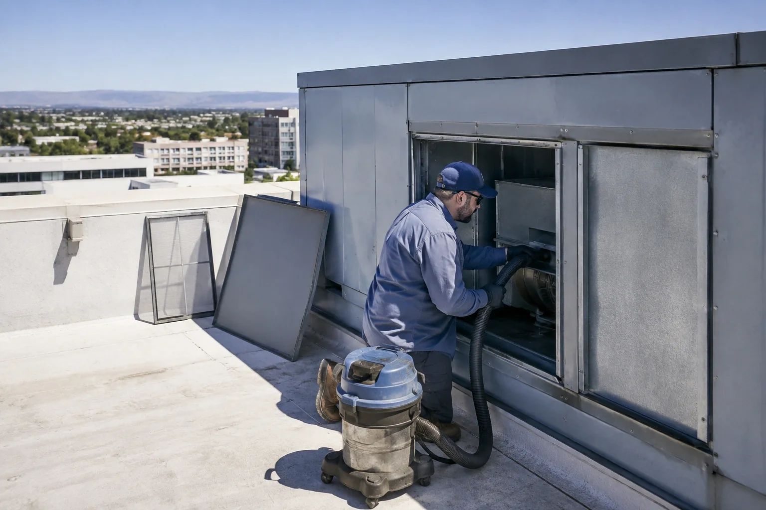 Person kneeling with a vacuum hose inside an open rooftop air-handling cabinet, with removed panels leaning nearby.
