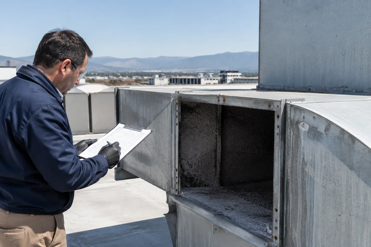 Person writing on a clipboard beside an open rooftop duct with dark deposits on its inner surfaces.