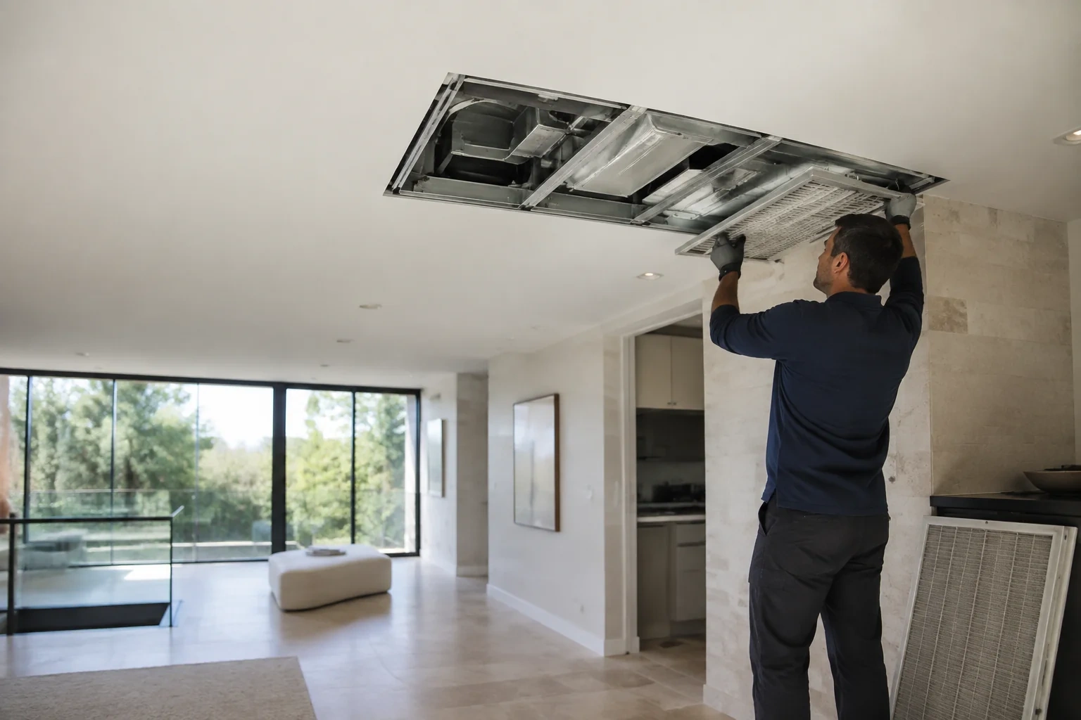 Person holding a rectangular grille beneath a large ceiling opening with exposed metal ductwork, with another grille leaning nearby.
