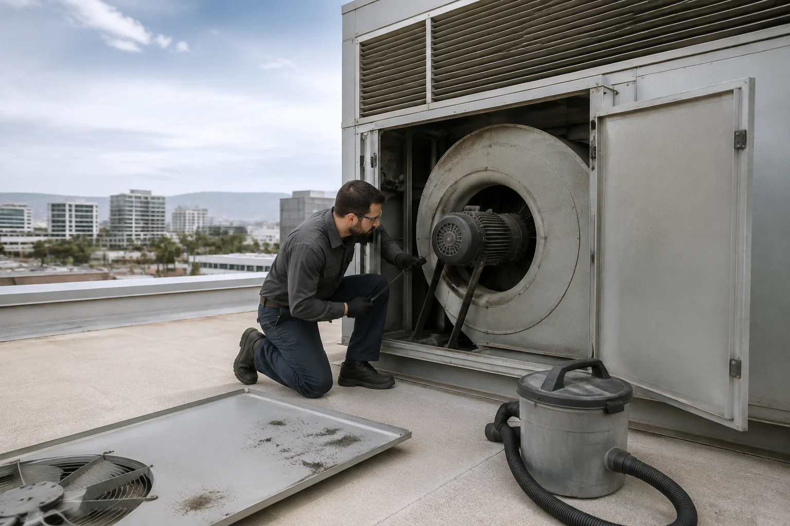 Person kneeling beside an open rooftop ventilation unit with a large circular blower housing and a canister vacuum nearby.