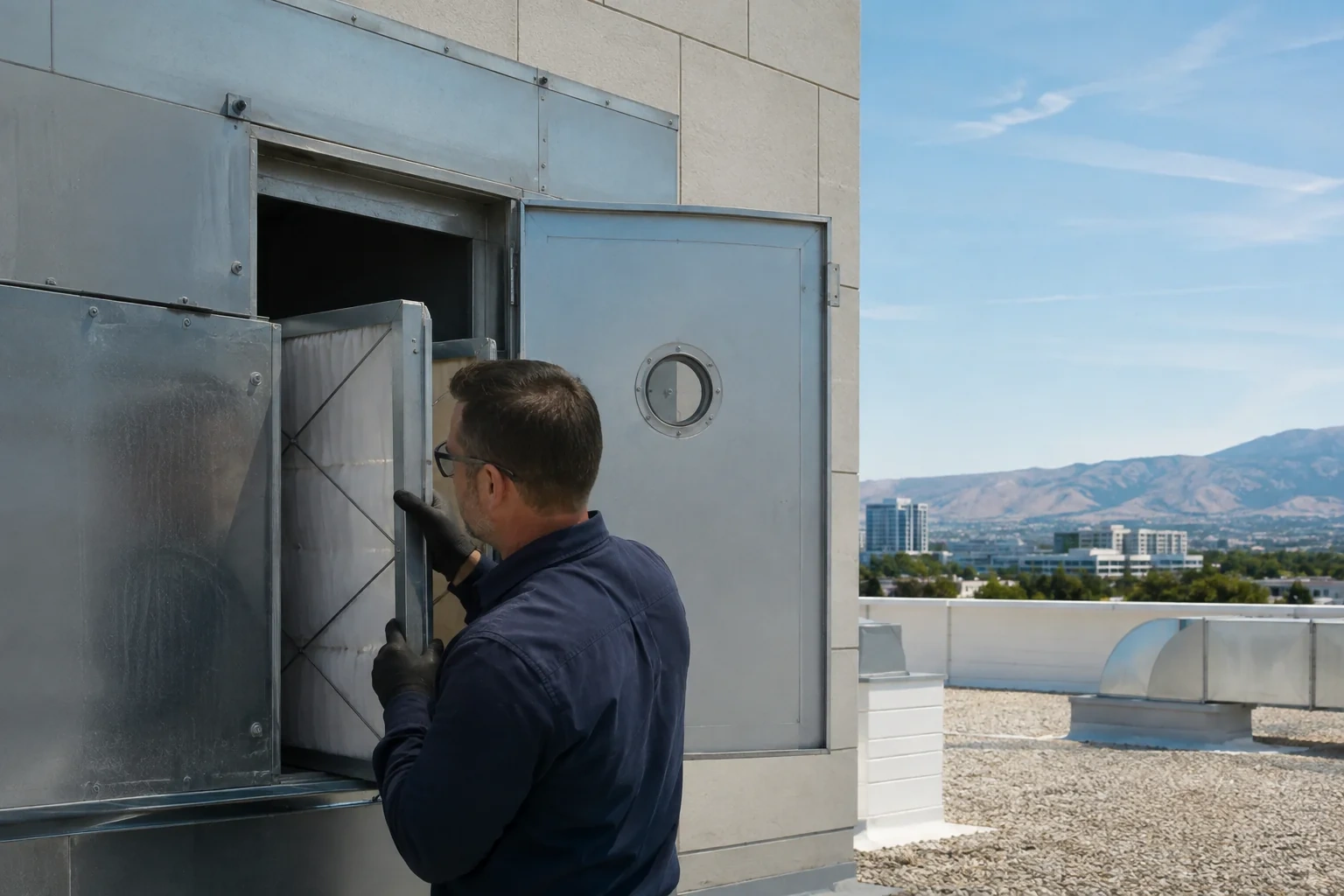 Person holding a rectangular filter at the opening of a rooftop metal equipment cabinet.