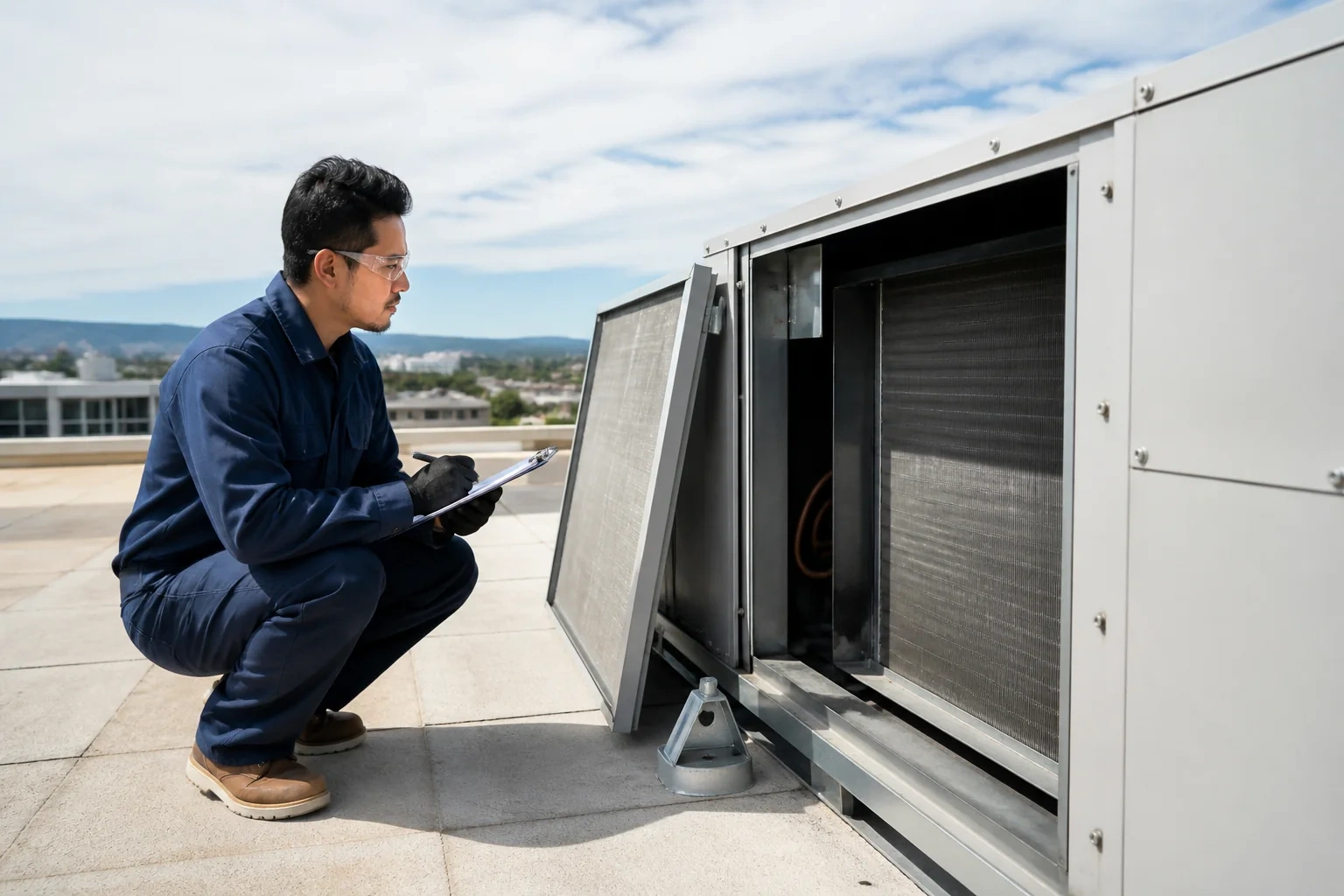 Person holding a clipboard beside an open rooftop air-handling cabinet with a finned panel and a removed filter leaning nearby.