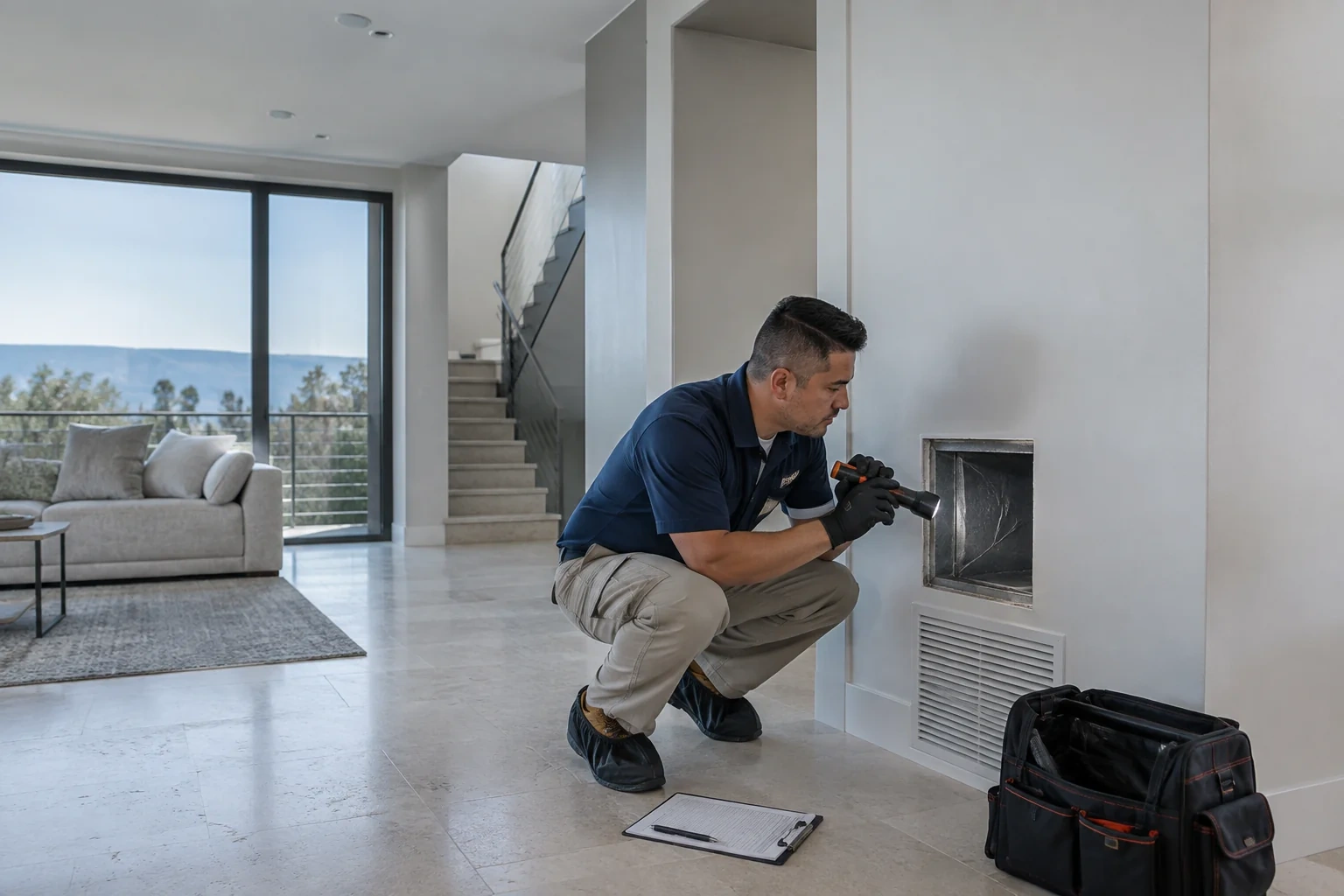 Person crouching with a flashlight aimed into an open wall duct above a grille, with a clipboard and tool bag on the floor.