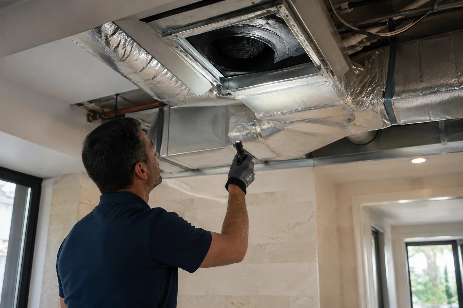 Person shining a flashlight toward an open ceiling duct compartment surrounded by foil-faced ductwork.