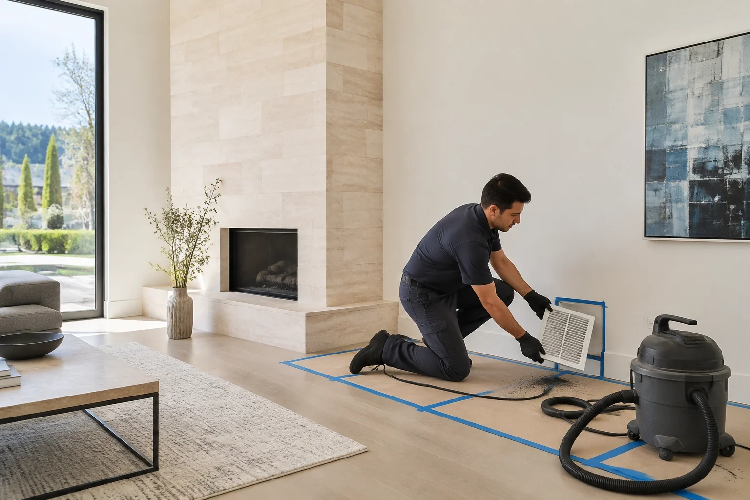 Person kneeling on a taped floor covering and holding a grille beside a low wall vent, with a canister vacuum nearby.