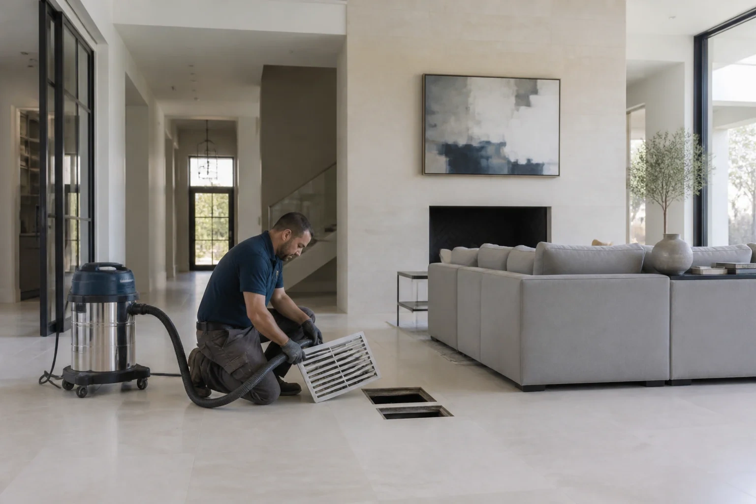 Person kneeling beside two open floor vents, holding a removed grille and a hose connected to a canister vacuum.