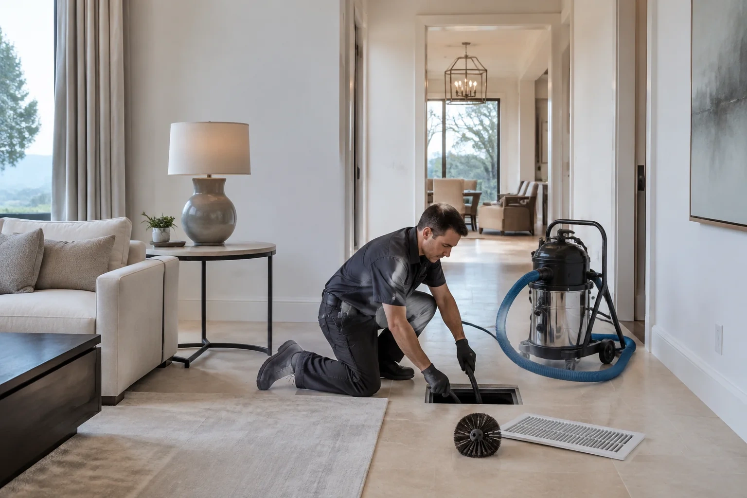Person kneeling over an open floor vent with two slender tools, with a canister vacuum, round brush and removed grille nearby.