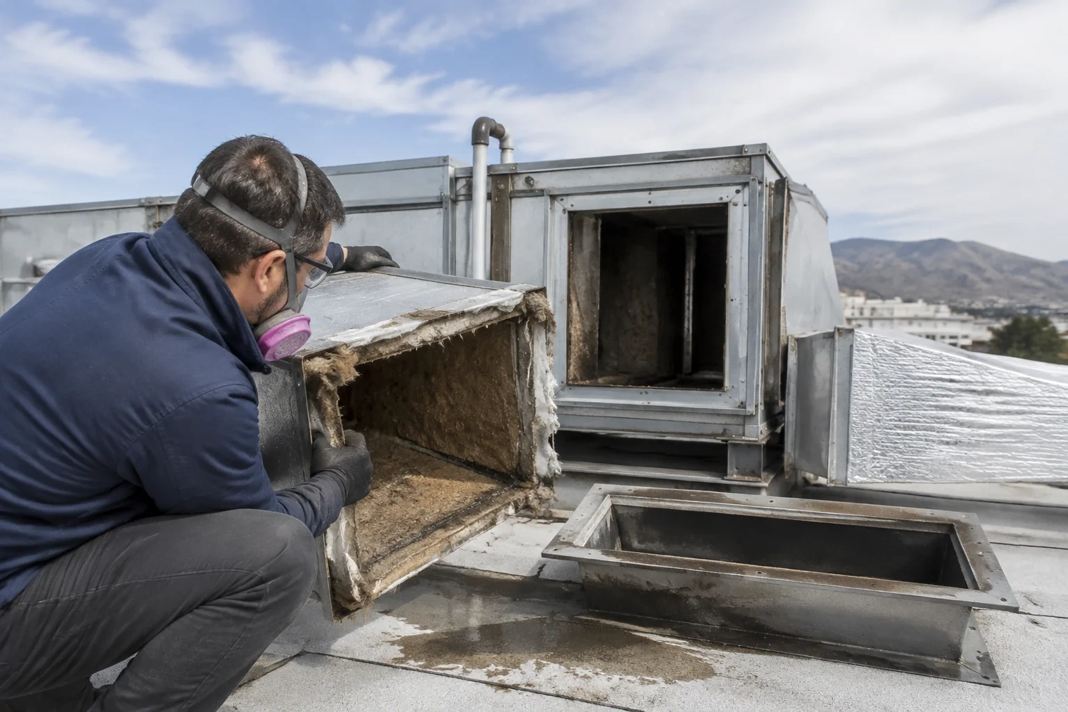 Person wearing a respirator and gloves holding a lined rectangular duct section beside open rooftop equipment.