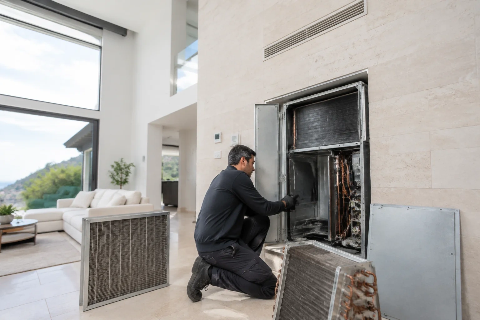 Person kneeling beside an open wall-mounted mechanical cabinet, with exposed coils, tubing and removed panels nearby.