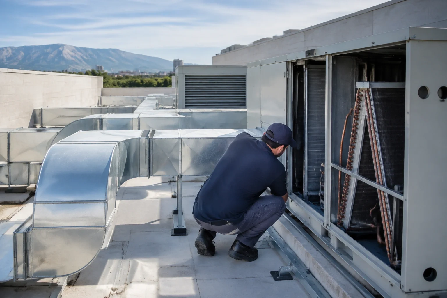 Person crouching beside an open rooftop mechanical unit with exposed coils and tubing, surrounded by metal ductwork.
